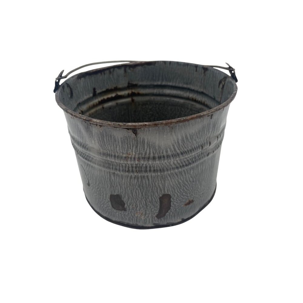 Vintage Rustic Metal Berry Bucket Planter Decor With Handle & Patina Gray Enamel
